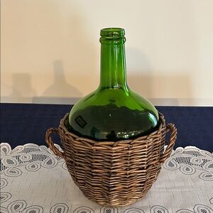 Vintage Emerald Green Glass Demijohn Wine Bottle with Wicker Basket